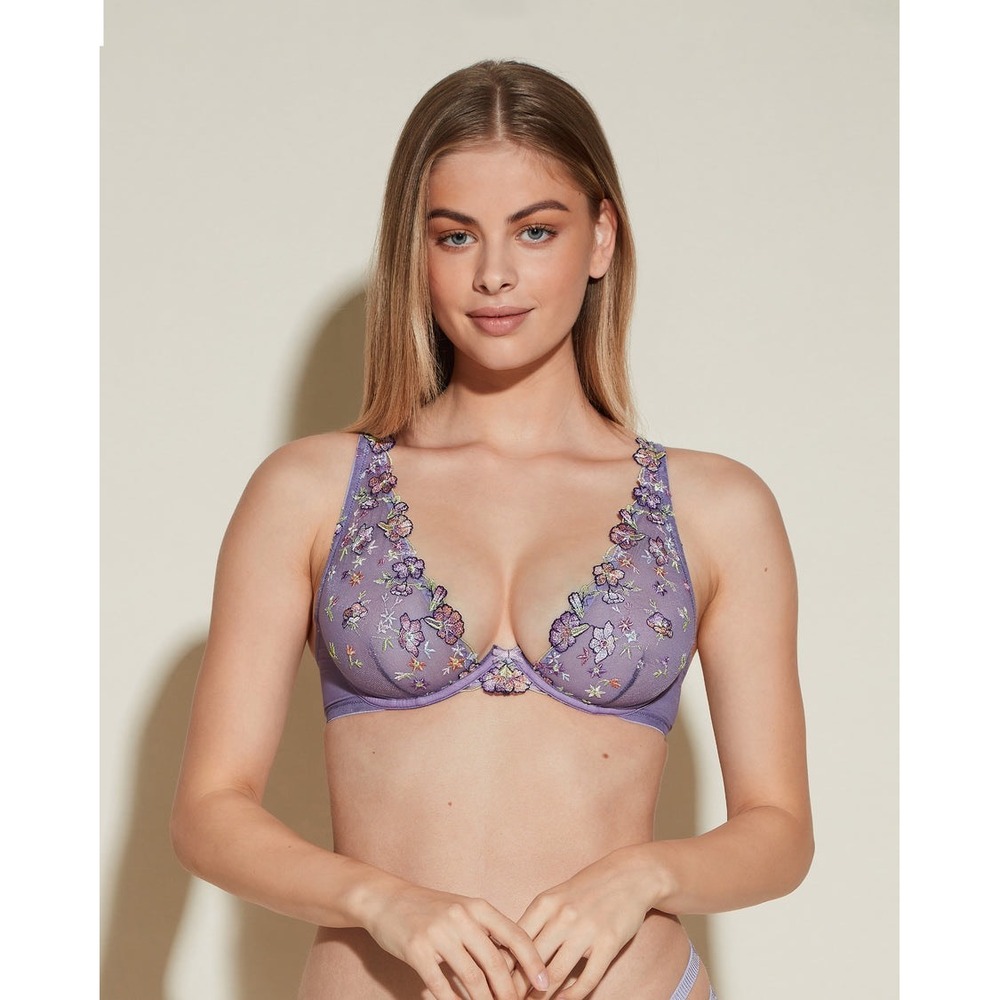Cosabella Allura Curvy Plunge Bra Purple Floral Embroidered Mesh Lingerie 36D